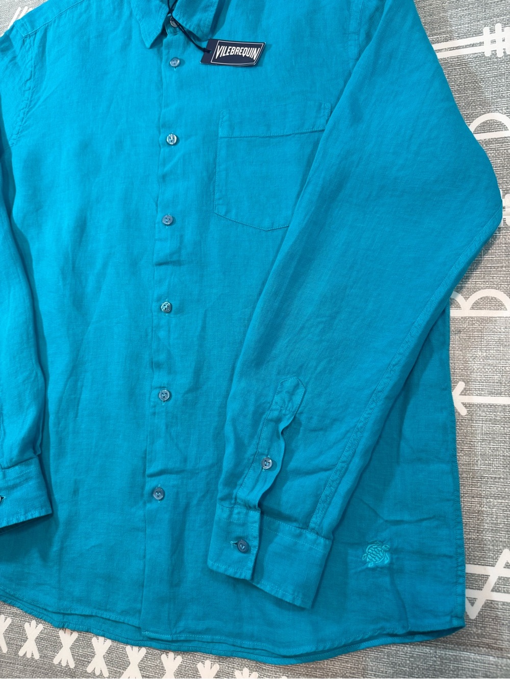 Vilebrequin Caroubis 100% Linen Shirt Lagon Turquoise Blue Medium - Picture 4 of 10